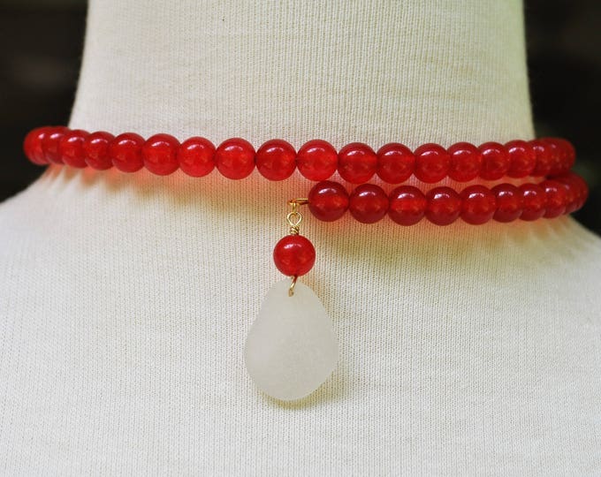 One Size Fits Wrap Around Necklace Red Jade Gemstone Necklace with Genuine White Sea Glass 14k Gold Filled Free Shipping 2049