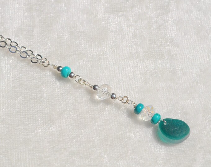 Genuine Sea Glass Jewelry Beach Necklace Shorty Drop w/ Crystals Sterling Silver Beads Sterling Chain Turquoise Gemstones Free Shipping 7214