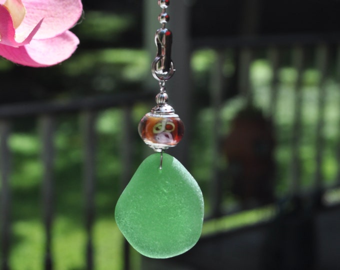 Genuine Sea Glass, Ceiling Fan Pull, Light Pull, Suncatcher, Frosty Green Drop 442, Lamp Pull, Unique Gift, Beaded Pull, Beach Lover Gifts