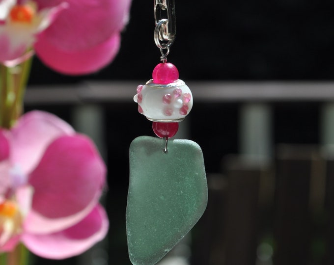 Fan Chain Pull, Genuine Sea Glass, Ceiling Fan Pull, Light Pull, Suncatcher, Frosty Green Teal Lovely Drop 343, Lamp Pull, Unique Bead Pull