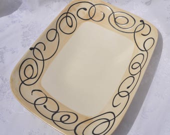 Vintage Ann Mallory Americaware Large Serving Bowl Asymmetrical Rectangle 14"x11" Tan/Black Free Ship