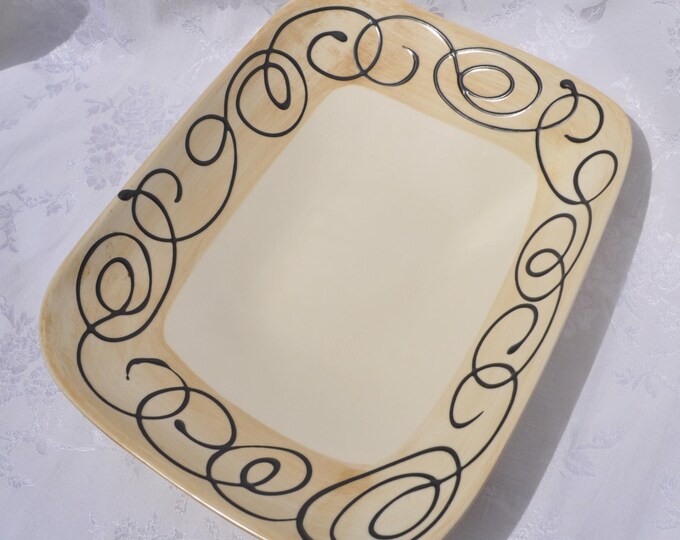 Vintage Ann Mallory Americaware Large Serving Bowl Asymmetrical Rectangle 14"x11" Tan/Black Free Ship