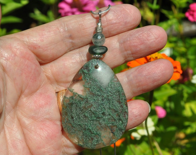 Green Moss Agate Pendant Necklace, Large Teardrop, Genuine Sea Glass Accent, Faceted Emerald Green Agate Gemstone, Sterling Chain Incl. B221