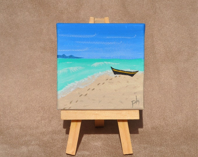 Island Explorer Miniature Painting with Easel Mini Canvas Fine Art Ornamental Beach Decor Original Acrylic Painting Free Shipping