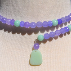 One Size Fits Wrap Around Necklace Alexandrite & Aquamarine Gemstone Necklace w/ Genuine Jadeite Sea Glass Sterling Silver Free Ship 6940