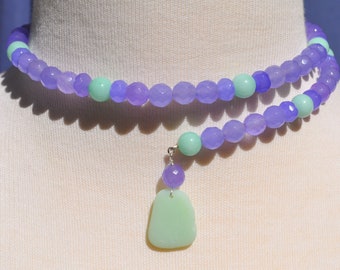 One Size Fits Wrap Around Necklace Alexandrite & Aquamarine Gemstone Necklace w/ Genuine Jadeite Sea Glass Sterling Silver Free Ship 6940