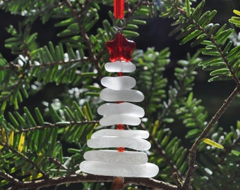 Sea Glass Christmas Tree Ornament, Delightful Stocking Stuffer, Unique Gift, Holiday Package Decor, Genuine White Sea Glass and Red Star