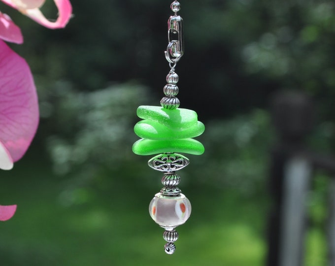 Ceiling Fan Pull, Genuine Sea Glass, Light Pull, Sun Catcher, Frosty Green Stack 472, Lamp Pull, Beaded Pull, Unique Beach Gift, Beach Lover