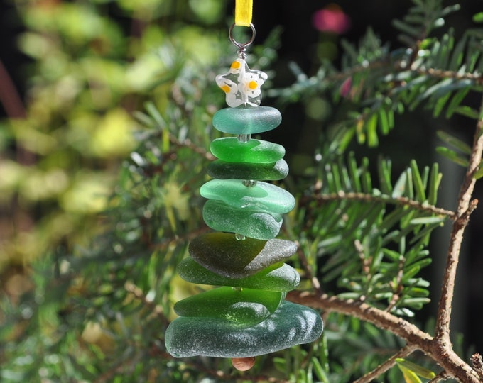 Sea Glass Christmas Tree Ornament, Delightful Stocking Stuffer, Unique Gift, Holiday Package Decor, Genuine Odd Green Mix Yellow-White Star