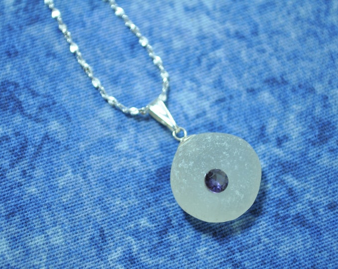 Sea Glass Jewelry Beach Necklace Winking Suspended Frosty White Sterling Silver Chain Included Purple Jeweled Necklace Free Shipping 2781