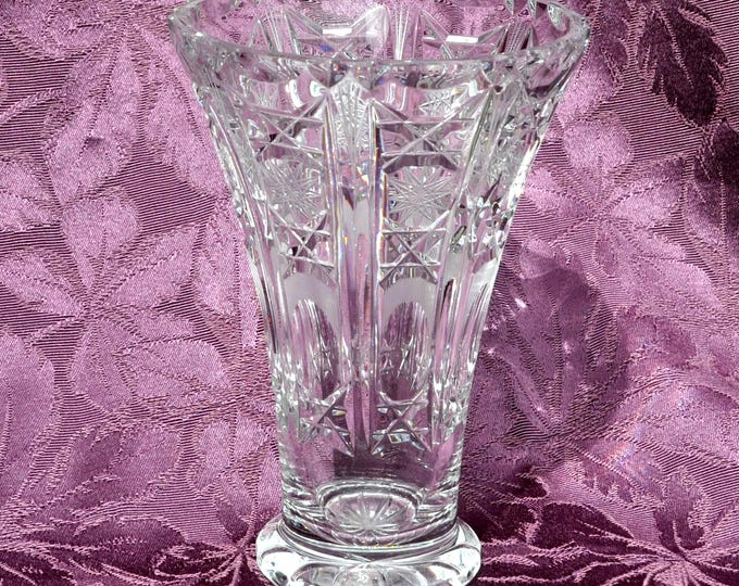 Vintage Flared Hand-Cut Crystal Vase European Stars 8 3/8"H x 5.75D" Free Ship