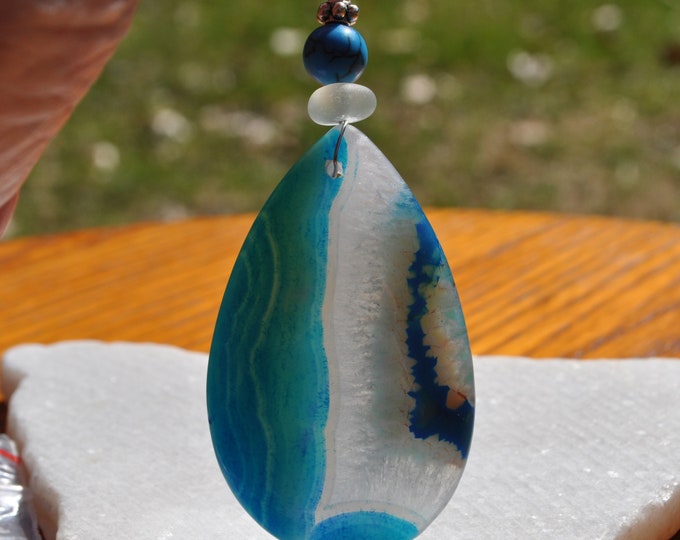 Stone Necklace, Onyx Geode Agate Pendant, Large Blue Striped, Genuine Sea Glass Accent, Turquoise Gemstone, Sterling Chain Included B264
