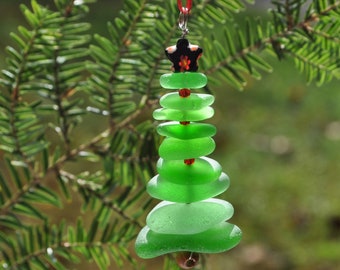 Sea Glass Christmas Tree Ornament, Delightful Stocking Stuffer, Unique Gift, Holiday Package Decor, Genuine Green Sea Glass with Black Star