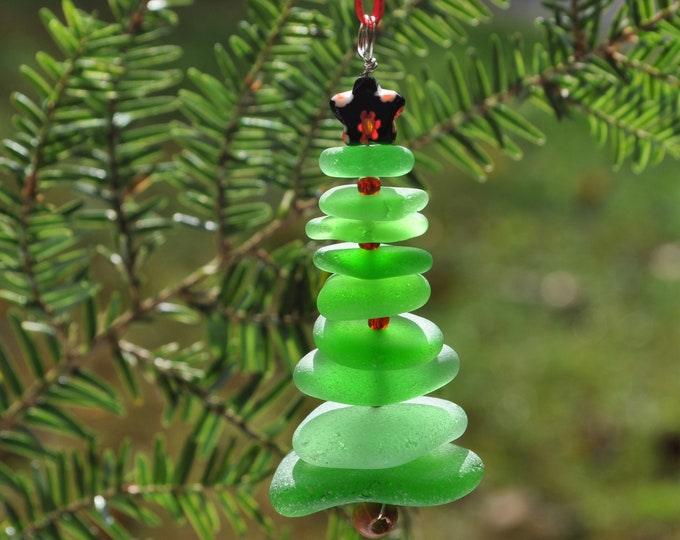 Sea Glass Christmas Tree Ornament, Delightful Stocking Stuffer, Unique Gift, Holiday Package Decor, Genuine Green Sea Glass with Black Star