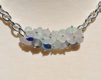 Gorgeous Sea Glass Jewelry Beach Glass Twist Necklace Heavy Statement Necklace Solid Sterling Silver Multi Colored Mix Free Shipping 2672