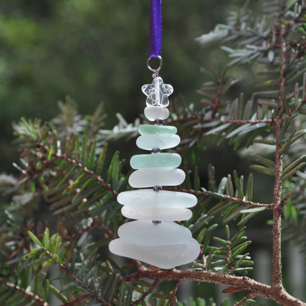 Sea Glass Christmas Tree Ornament, Delightful Stocking Stuffer, Unique Gift, Holiday Package Decor, Genuine Seafoam Mix and White Star