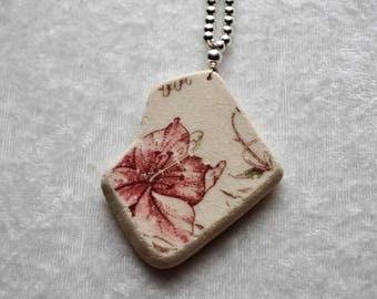 Sea Glass Jewelry Pottery Necklace Large Patterned Flower in Pink 2014