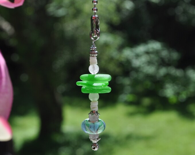 Fan Chain Pull, Genuine Sea Glass, Ceiling Fan Pull, Light Pull, Sun Catcher, Frosty Green Stack 428, Beach Gifts, Lamp Pull, Beaded Pull