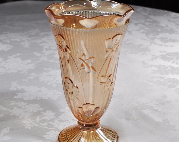 Vintage Carnival Glass Vase 9" Jeannette Iris & Herringbone Marigold Flora Gold Free Ship