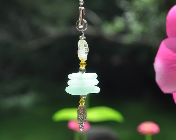 Coastal Lamp Pull, Genuine Sea Glass, Ceiling Fan Pull, Light Pull, Suncatcher, Frosty Seafoam Mix Stack 512, Beach Gift, Lamp Pull, Beaded