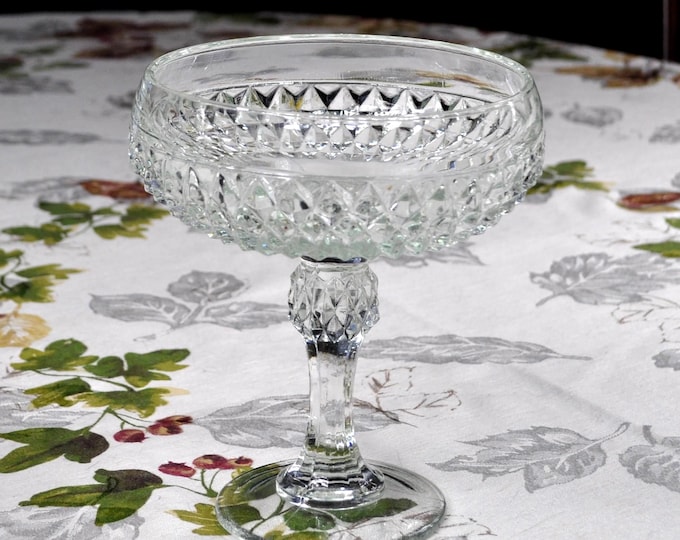 Vintage Footed Indiana Glass Pedestal Compote Bowl 7.25" Tall 6.25" Wide Diamond Point Free Ship
