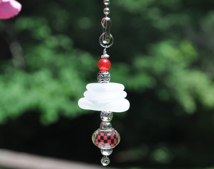 Ceiling Fan Pull, Genuine Sea Glass, Light Pull, Suncatcher, Frosty White Stack 746, Beach Lover Gifts, Lamp Pull, Beaded Pull, Unique Gift