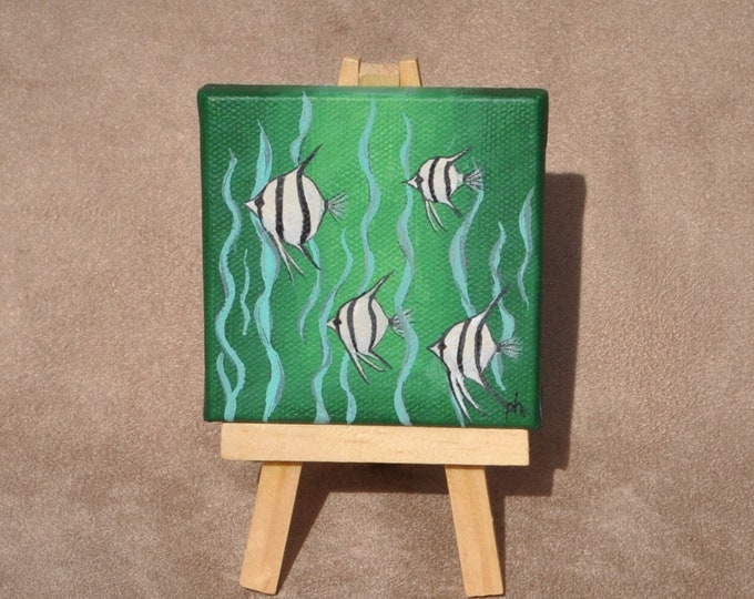 Tropical Fish Miniature Painting with Easel Mini Canvas Fine Art Ornamental Table Accent Original Acrylic Painting Free Shipping