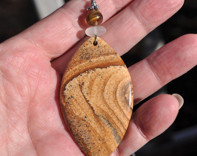 Picture Jasper Necklace Pendant, Large Natural Marquise, Genuine Sea Glass Accent, Tourmaline Gemstone, Sterling Chain Included B184