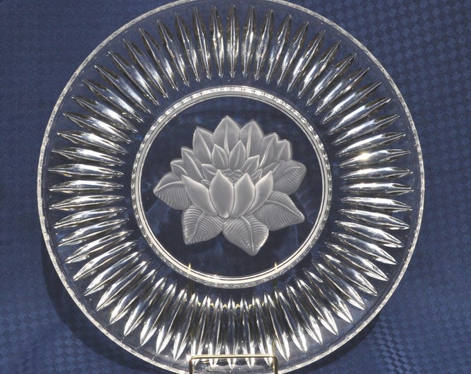 Vintage Cut Crystal Lotus Flower Cake Plate Server Water Lily 12"x1" Free Ship