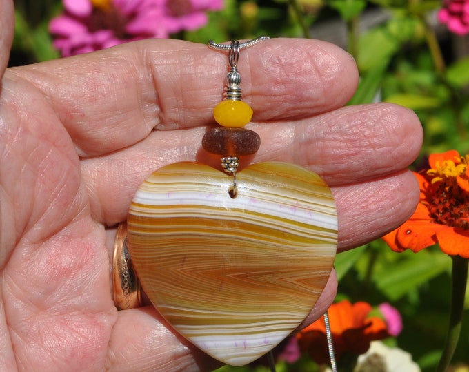 Rock Necklace, Onyx Agate Pendant, Brown Striped Heart, Genuine Sea Glass Accent, Faceted Yellow Jade Gemstone, Sterling Chain Included B98