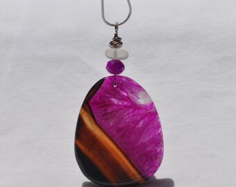 Stone Necklace, Geode Onyx Agate Pendant, Large Rock Teardrop, Genuine Sea Glass Accent, Faceted Fuschia Glass, Sterling Chain Incl. B55