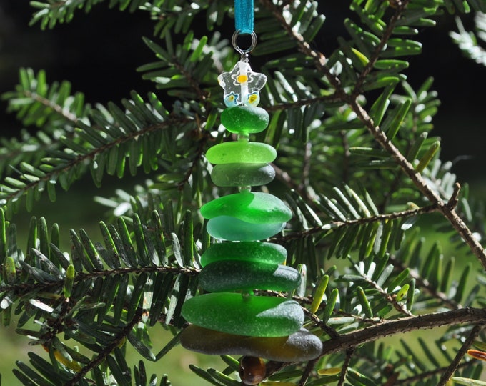 Sea Glass Christmas Tree Ornament, Delightful Stocking Stuffer, Unique Gift, Holiday Package Decor, Genuine Odd Green Mix and Flowered Star