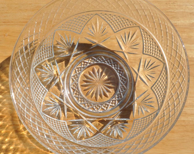 Clear Diamond & Starburst Serving Bowl Cristal D'Arques-Durand France 10"x4" Vintage Free Ship