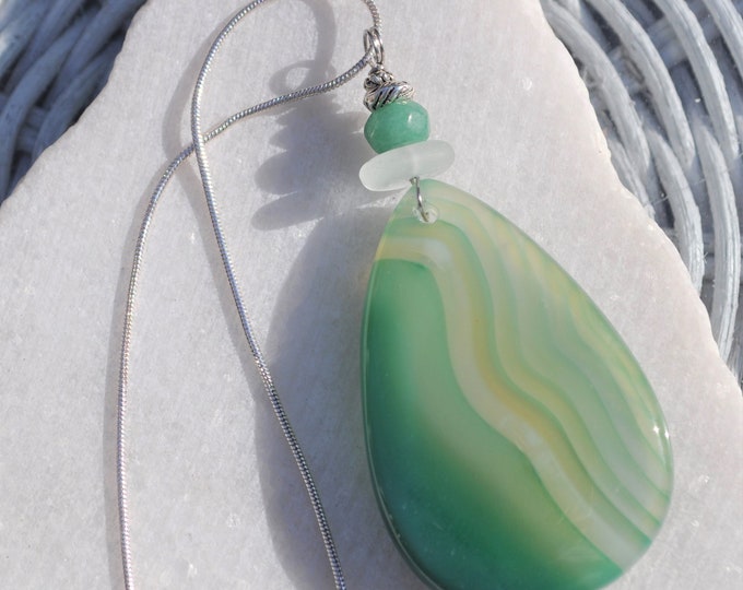 Rock Pendant, Striped Onyx Agate Necklace, Large Green Teardrop, Genuine Sea Glass Accent, Aventurine Gemstone, Sterling Chain Included B43