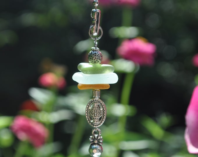 Beach Lamp Pull, Genuine Sea Glass, Ceiling Fan Pull, Light Pull, Suncatcher, Frosty Mixed Stack 326, Beach Lover Gifts, Lamp, Beaded Pull