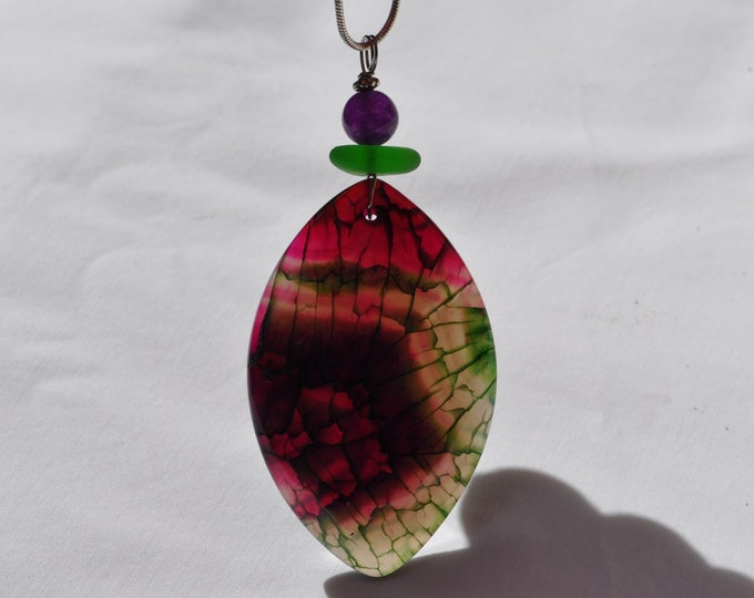 Stone Necklace, Dragon Veins, Fire Agate Pendant, Purple/Green Marquise, Genuine Sea Glass Accent, Amethyst Gemstone, Sterling Chain B31