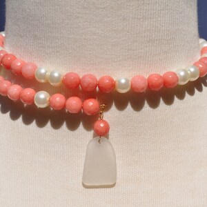 One Size Fits Wrap Around Necklace Rhodochrosite & Pearl Gemstone Necklace with Genuine White Sea Glass 14k Gold Filled Free Shipping 7221