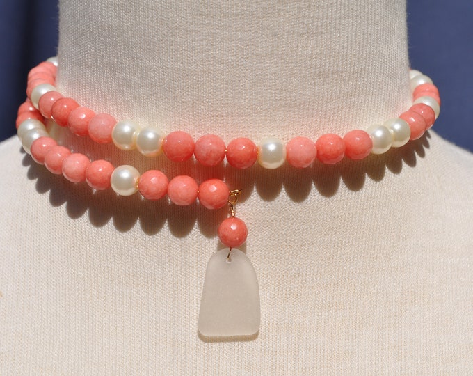 One Size Fits Wrap Around Necklace Rhodochrosite & Pearl Gemstone Necklace with Genuine White Sea Glass 14k Gold Filled Free Shipping 7221