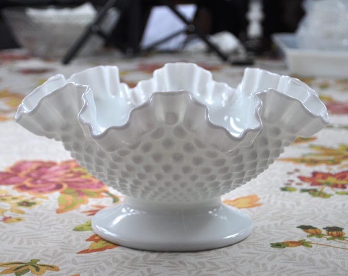 Large Hobnail Pedestal Bowl White Milk Glass w/ Ruffled Folded Edge Compote 10" wide 5" tall Vintage Free Ship
