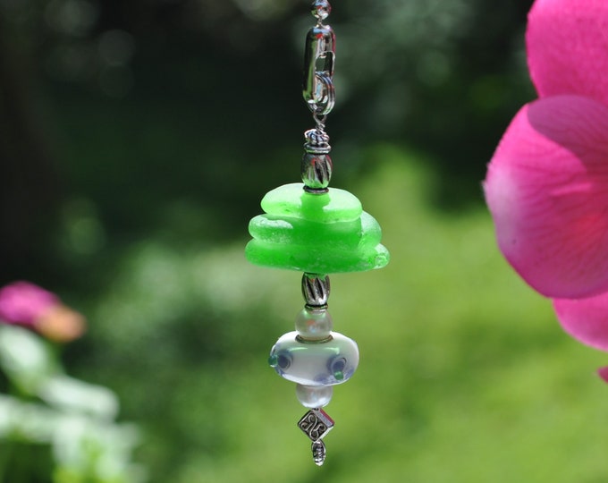 Fan Chain Pull, Genuine Sea Glass, Ceiling Fan Pull, Light Pull, Suncatcher, Frosty Green Stack 403, Lamp Pull, Beaded Pull, Beach Gifts