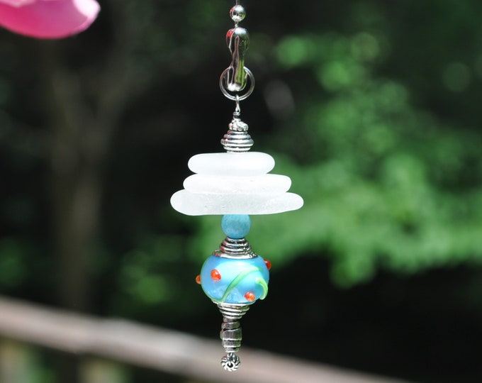 Glass Fan Pull. Genuine Sea Glass, Ceiling Fan Pull, Light Pull, Suncatcher, Frosty White Stack 737, Lamp Pull, Beaded Pull, Beach Gifts