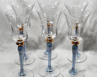 Vintage Mikasa Royal Jamestown Set/6 Blue Stem Crystal Wine Glasses 8 5/8"Tall Free Ship