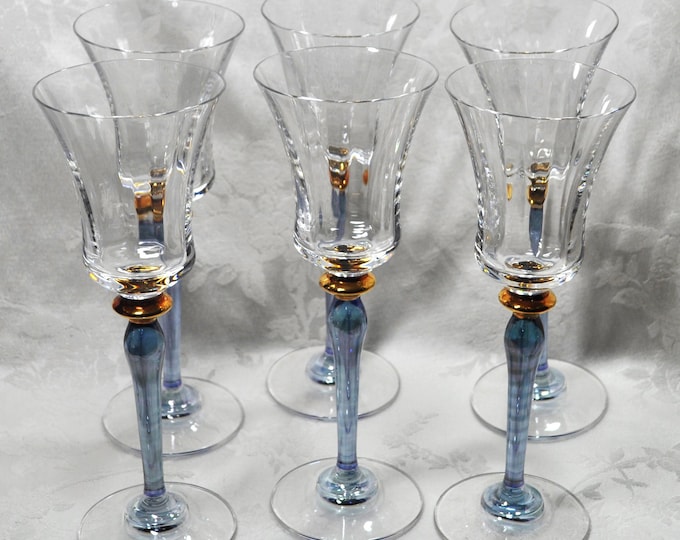 Vintage Mikasa Royal Jamestown Set/6 Blue Stem Crystal Wine Glasses 8 5/8"Tall Free Ship