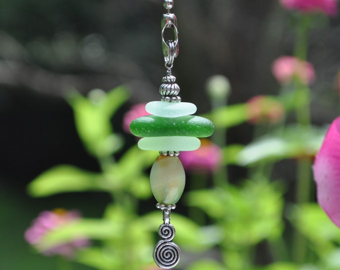 Fan Chain Pull, Genuine Sea Glass, Ceiling Fan Pull, Light Pull, Sun Catcher, Frosty Mixed Stack 313, Lamp Pull, Beaded Pull, Beach Gifts