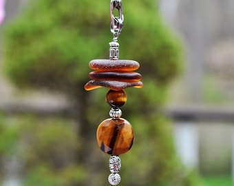 Glass Fan Pull, Genuine Sea Glass, Ceiling Fan Pull, Light Pull, Suncatcher, Frosty Golden Brown Stack 608, Beaded Pull, Beach Lover Gifts