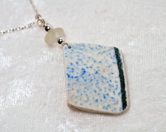 Sea Glass Jewelry Pottery Necklace Blue Patterned with Frosty White 1473