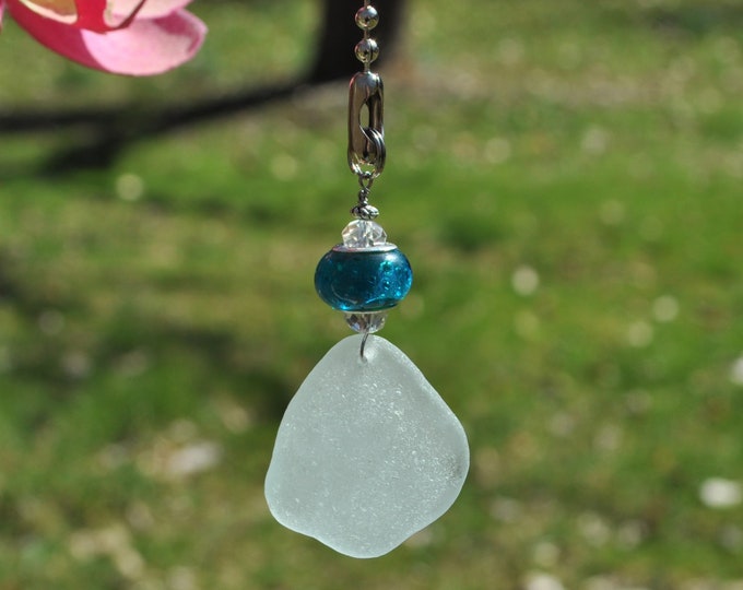 Decorative Fan Pull, Genuine Sea Glass, Ceiling Light Pull, Sun Catcher, Frosty Light Seafoam Drop 589, Lamp Pull, Beaded Pull, Coastal Gift