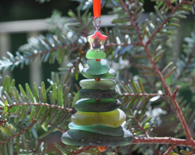 Sea Glass Christmas Tree Ornament, Delightful Stocking Stuffer, Unique Gift, Holiday Package Decor, Genuine Odd Green Mix and Silver Star