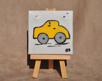 Vintage Car Painting, Whimsical Car Collection, Miniature Canvas with Easel, Mini Car Art,  Yellow Car Original Acrylic, Auto from Past