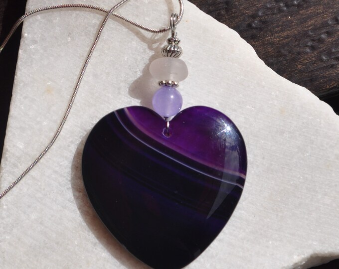 Rock Necklace, Striped Onyx Agate Pendant, Purple Stone Heart, Genuine Sea Glass Accent, Alexandrite Gemstone, Sterling Chain Included B37